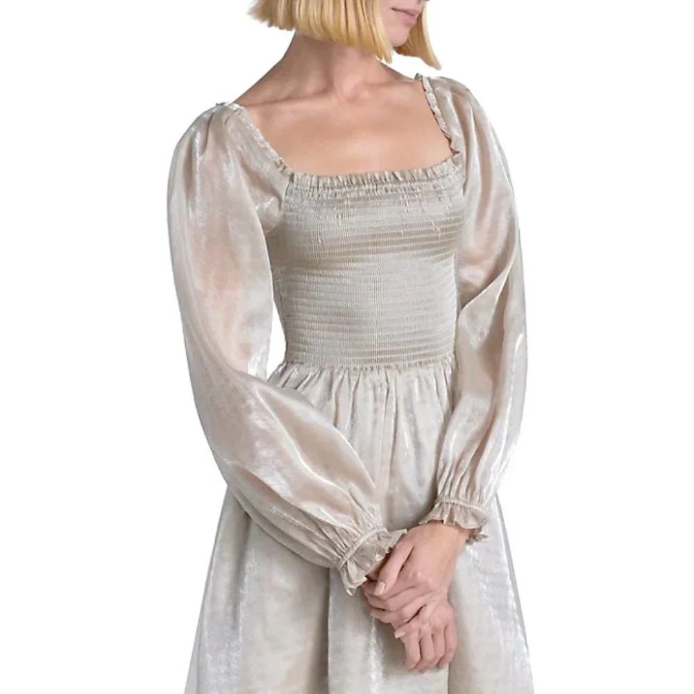 NWT Wayf Shiny Hounstooth Print Satin Smocked Puff-Sleeve Square Neck Mini dress - Picture 3 of 5